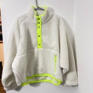 American Eagle White Snap Front Fleece Pullover Oversize Neon Trim Size Large